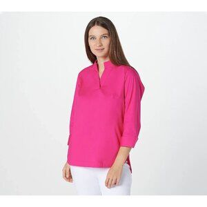 Belle by Kim Gravel Woven Cotton Collared Shirt w/Pockets Hot Pink Large A396218